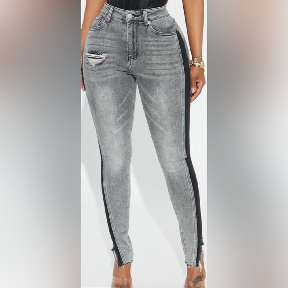 Women's Gray Jeans with Black Side Stripes